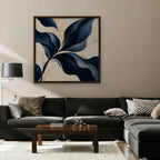 Navy Leaf Sweep Canvas Art - Square – Walnut Floating Frame in room setting