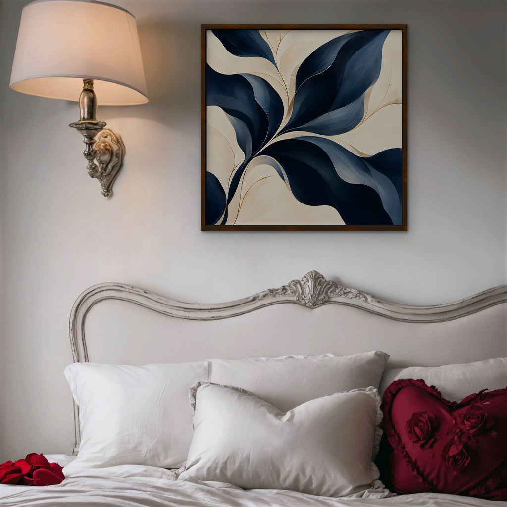 Navy Leaf Sweep Canvas Art - Square – Walnut Floating Frame in room setting