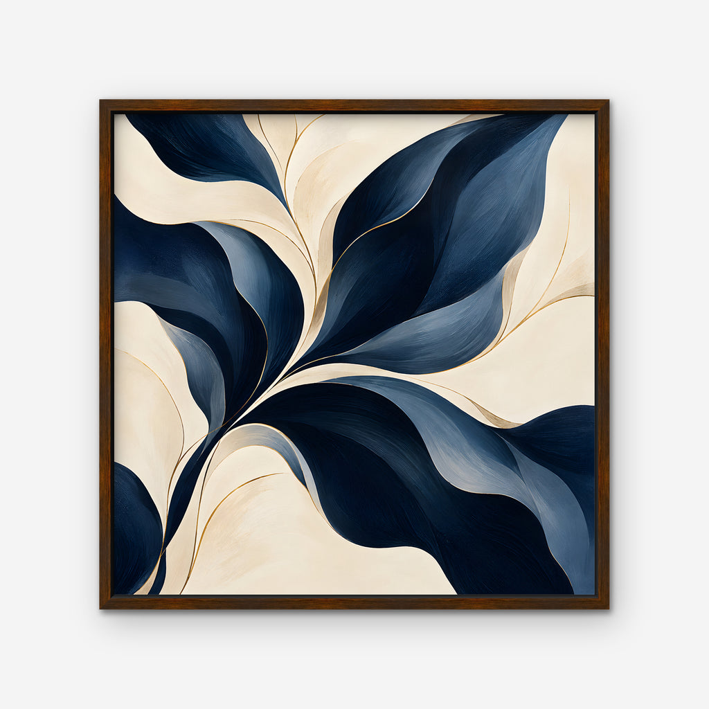 Navy Leaf Sweep Canvas Art - Square – Walnut Floating Frame on white background