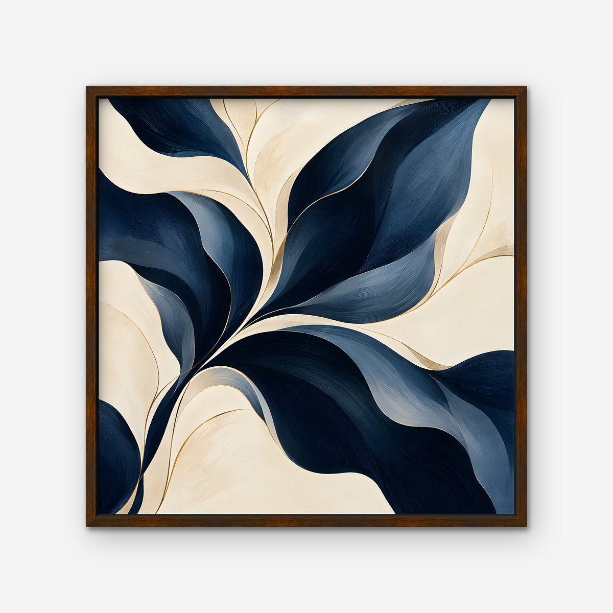Navy Leaf Sweep Canvas Art - Square – Walnut Floating Frame on white background