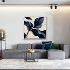Navy Leaf Sweep Canvas Art - Square – White Floating Frame in room setting