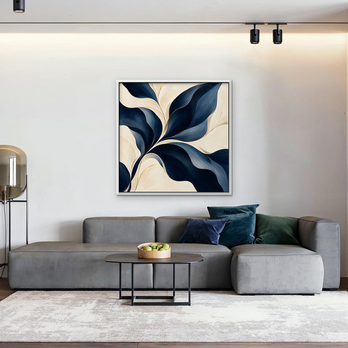 Navy Leaf Sweep Canvas Art - Square – White Floating Frame in room setting