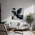 Navy Leaf Sweep Canvas Art - Square – White Floating Frame in room setting