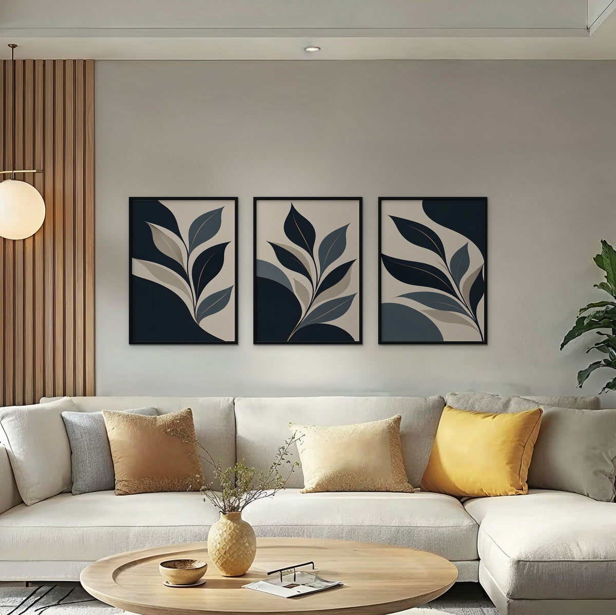 Navy Leaf Trio Canvas Art - Set of 3 – Black Floating Frame in room setting