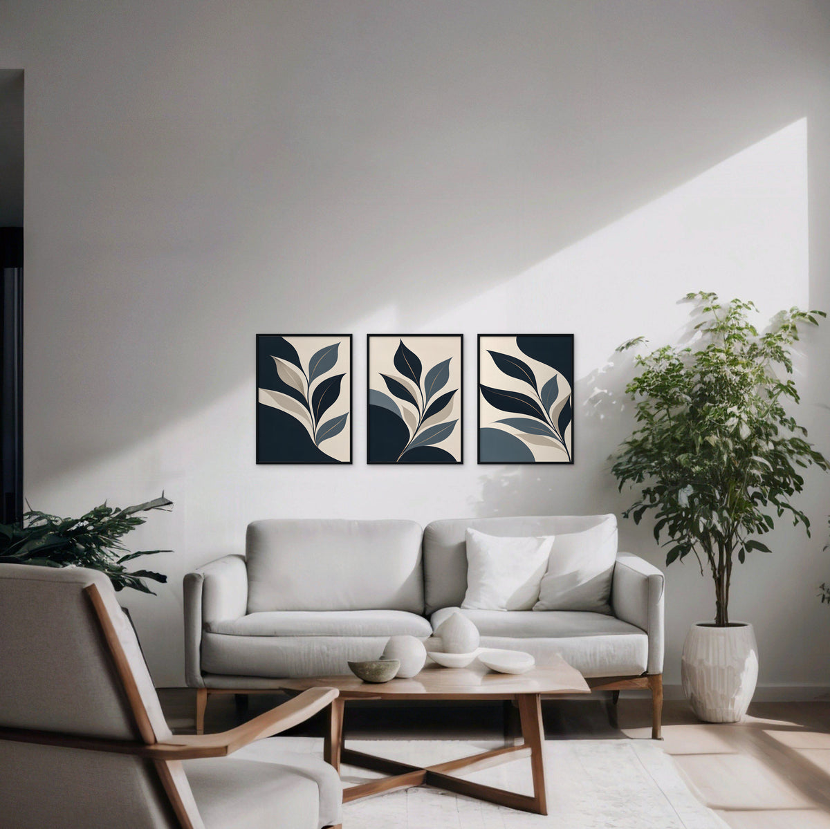 Navy Leaf Trio Canvas Art - Set of 3 – Black Floating Frame in room setting