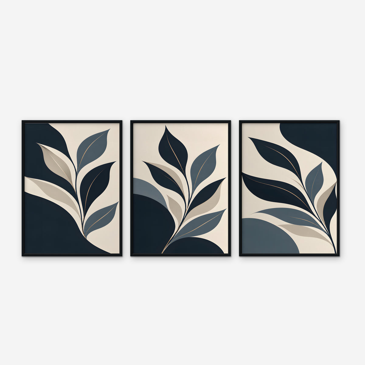 Navy Leaf Trio Canvas Art - Set of 3 – Black Floating Frame on white background