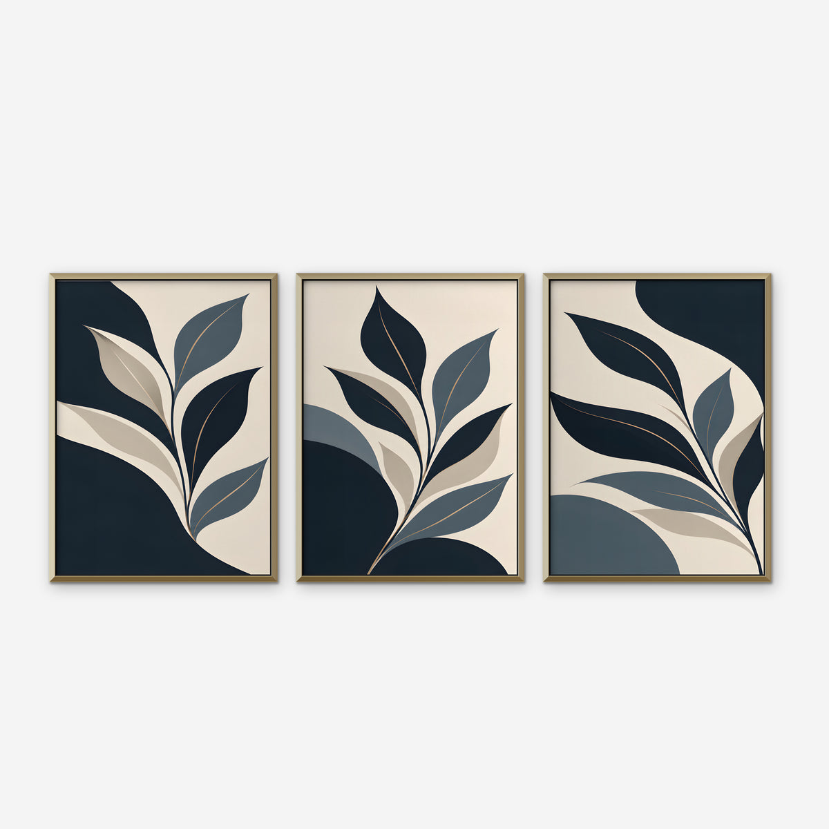 Navy Leaf Trio Canvas Art - Set of 3 – Gold Floating Frame on white background