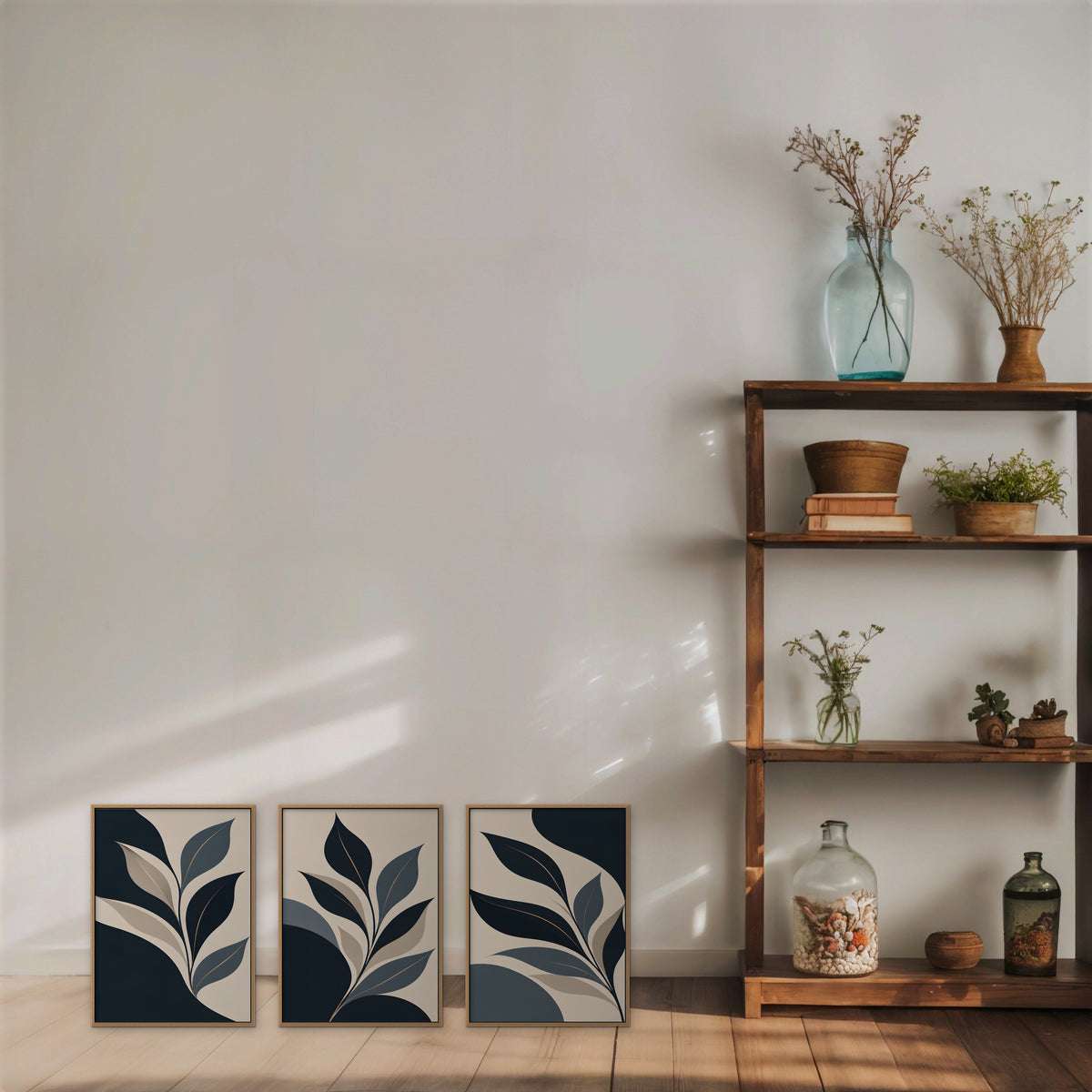Navy Leaf Trio Canvas Art - Set of 3 – Oak Floating Frame in room setting