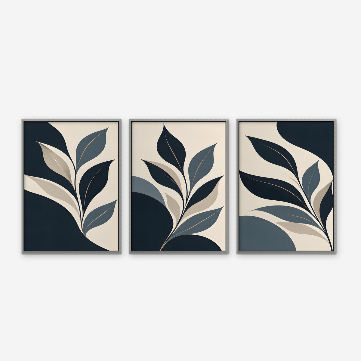Navy Leaf Trio Canvas Art - Set of 3 – Silver Floating Frame on white background