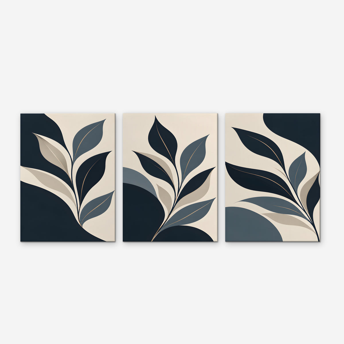 Navy Leaf Trio Canvas Art - Set of 3 – Stretched Canvas Only on white background