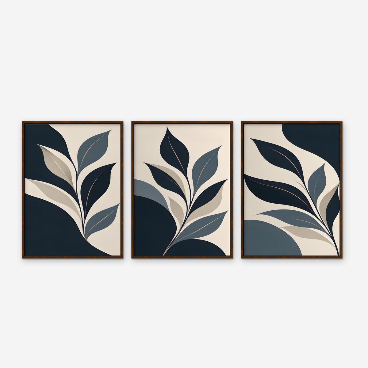 Navy Leaf Trio Canvas Art - Set of 3 – Walnut Floating Frame on white background