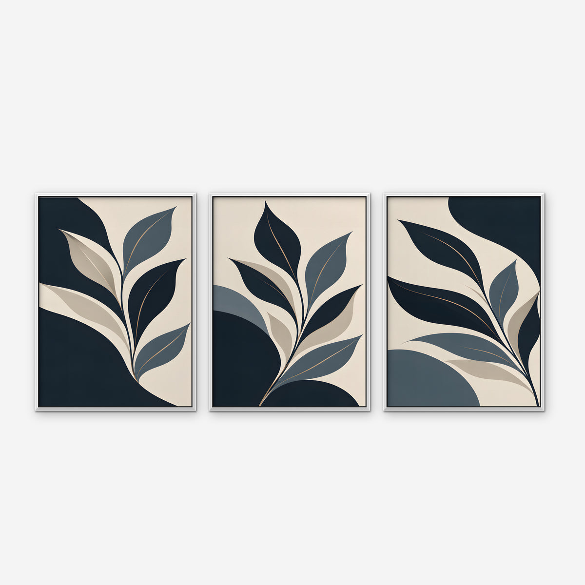 Navy Leaf Trio Canvas Art - Set of 3 – White Floating Frame on white background