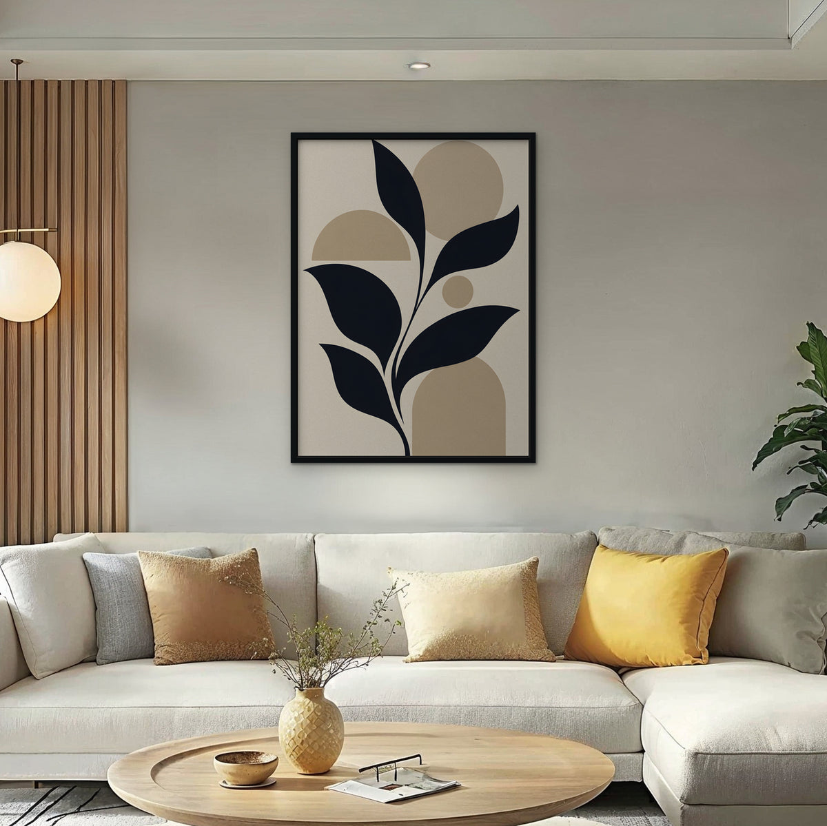 Navy Leaves and Arches Canvas Art - Vertical – Black Floating Frame in room setting