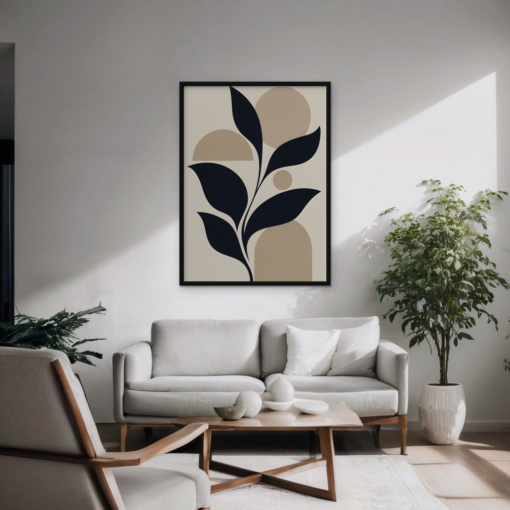 Navy Leaves and Arches Canvas Art - Vertical – Black Floating Frame in room setting