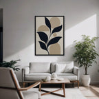 Navy Leaves and Arches Canvas Art - Vertical – Black Floating Frame in room setting