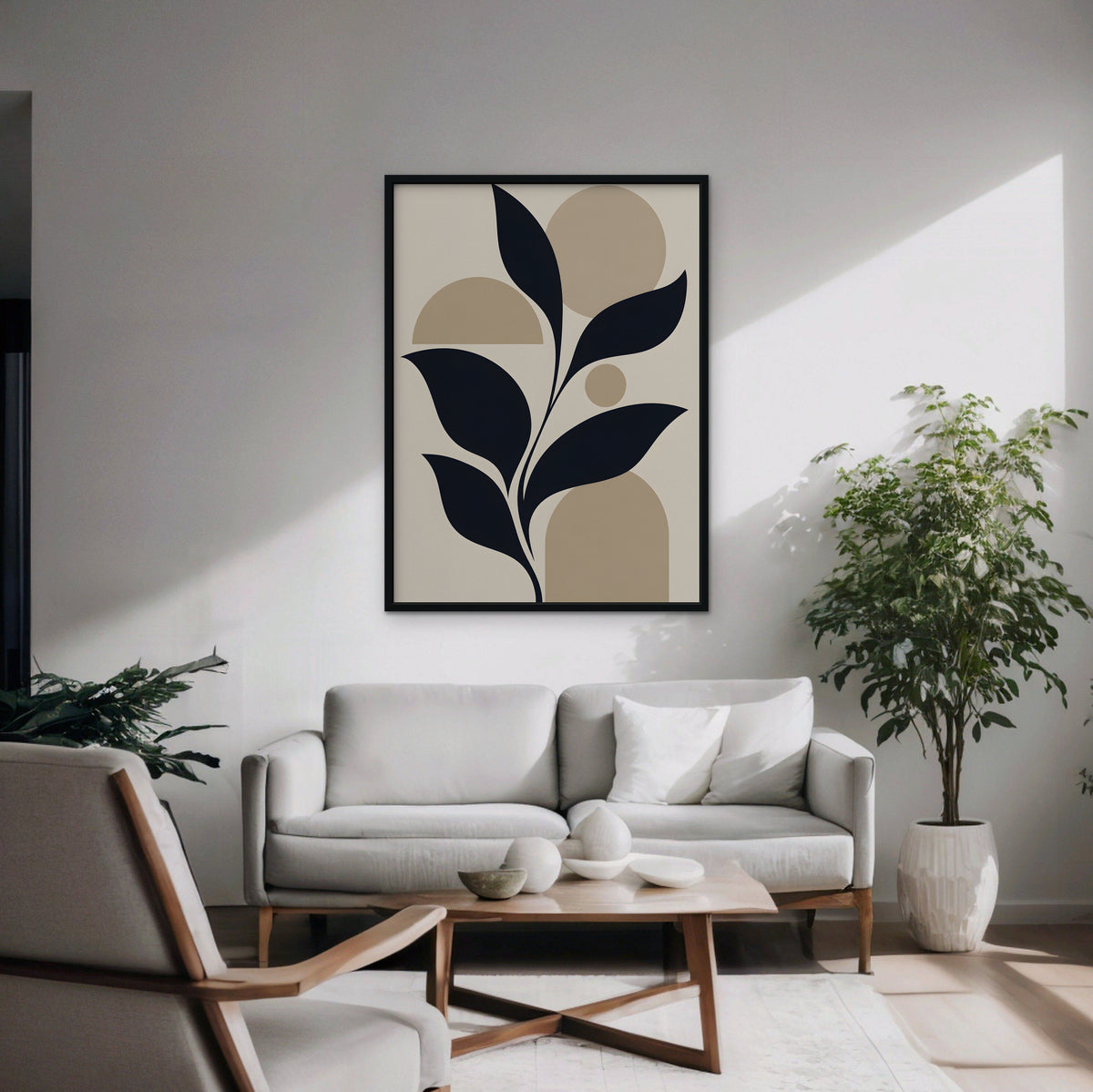 Navy Leaves and Arches Canvas Art - Vertical – Black Floating Frame in room setting