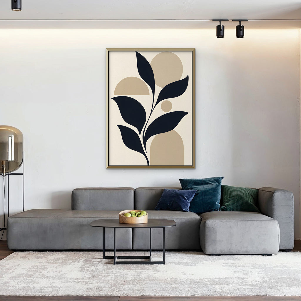 Navy Leaves and Arches Canvas Art - Vertical – Gold Floating Frame in room setting
