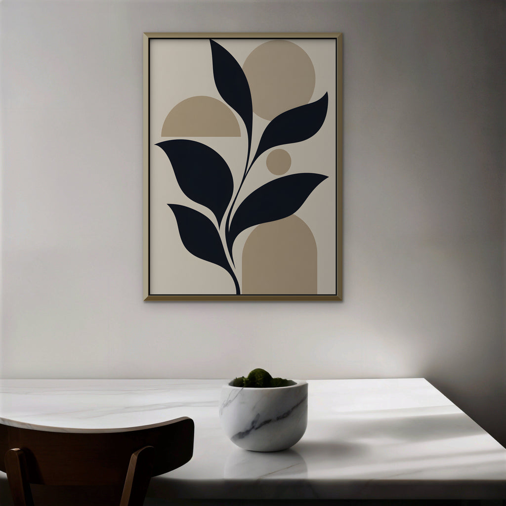 Navy Leaves and Arches Canvas Art - Vertical – Gold Floating Frame in room setting