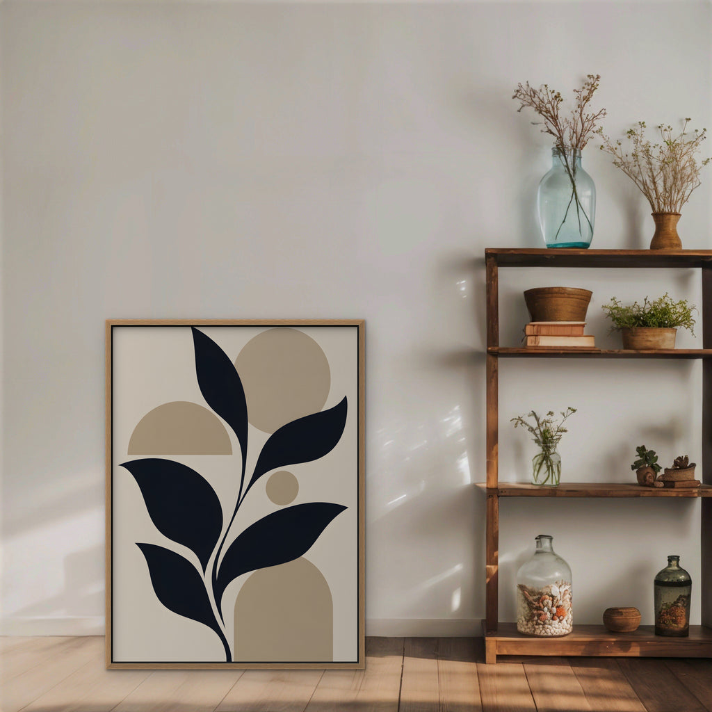 Navy Leaves and Arches Canvas Art - Vertical – Oak Floating Frame in room setting