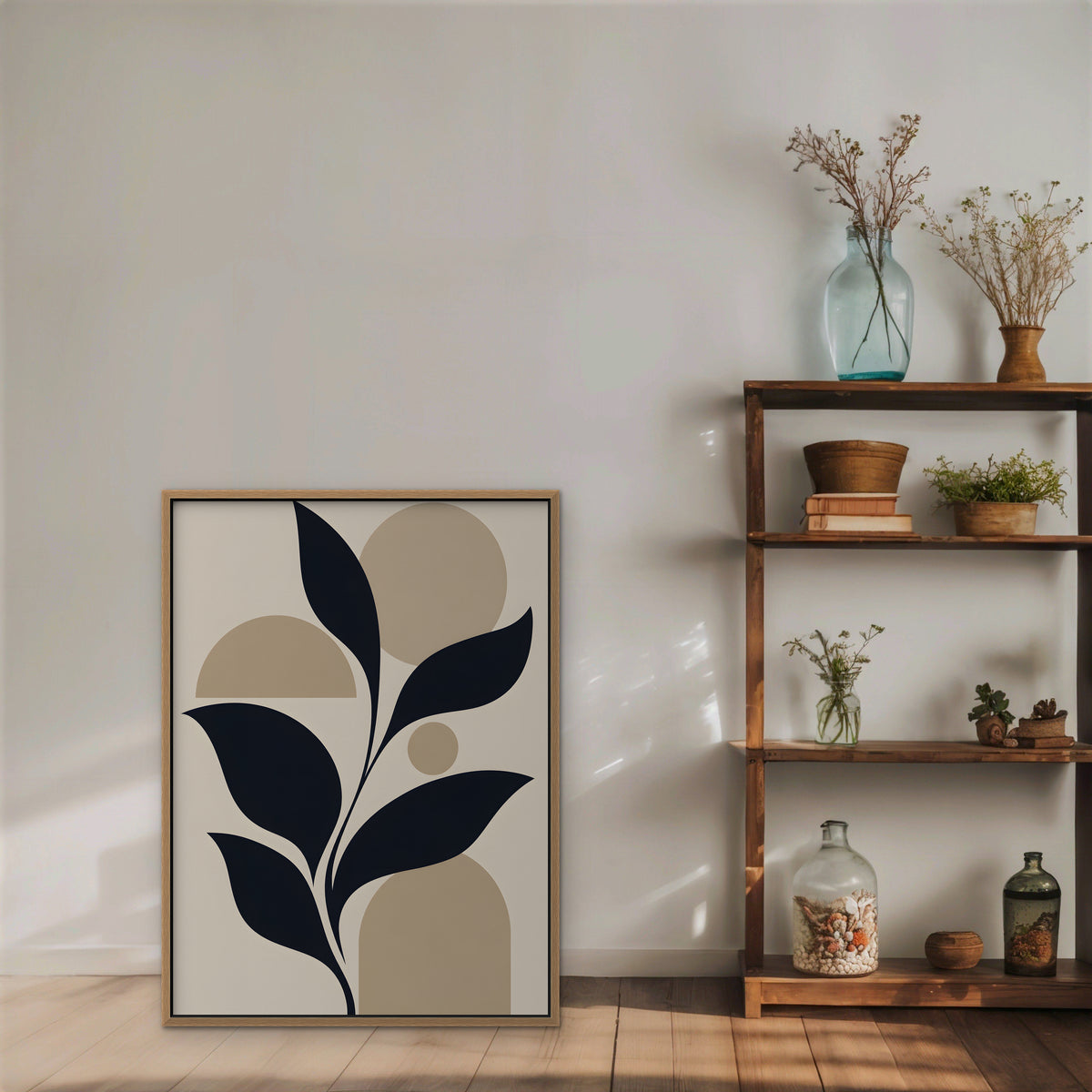 Navy Leaves and Arches Canvas Art - Vertical – Oak Floating Frame in room setting