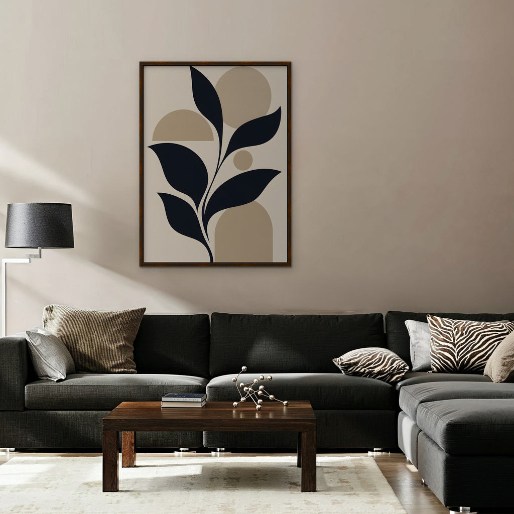 Navy Leaves and Arches Canvas Art - Vertical – Walnut Floating Frame in room setting