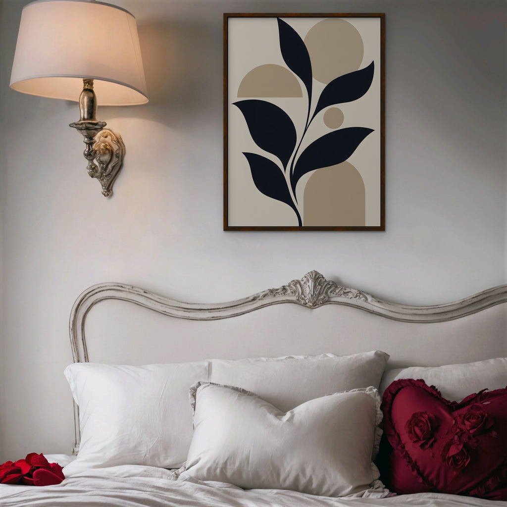 Navy Leaves and Arches Canvas Art - Vertical – Walnut Floating Frame in room setting