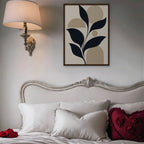 Navy Leaves and Arches Canvas Art - Vertical – Walnut Floating Frame in room setting