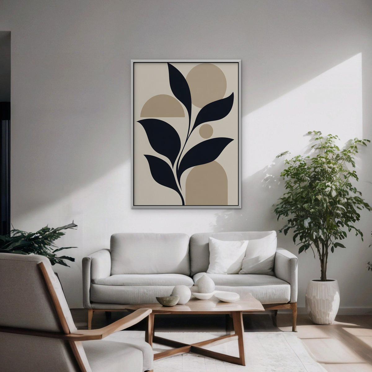 Navy Leaves and Arches Canvas Art - Vertical – White Floating Frame in room setting