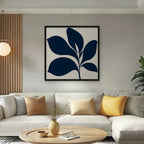 Navy Mid-Century Leaf Canvas Art - Square – Black Floating Frame in room setting
