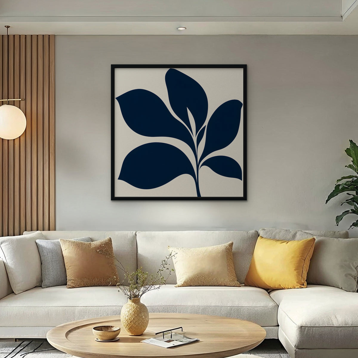 Navy Mid-Century Leaf Canvas Art - Square – Black Floating Frame in room setting
