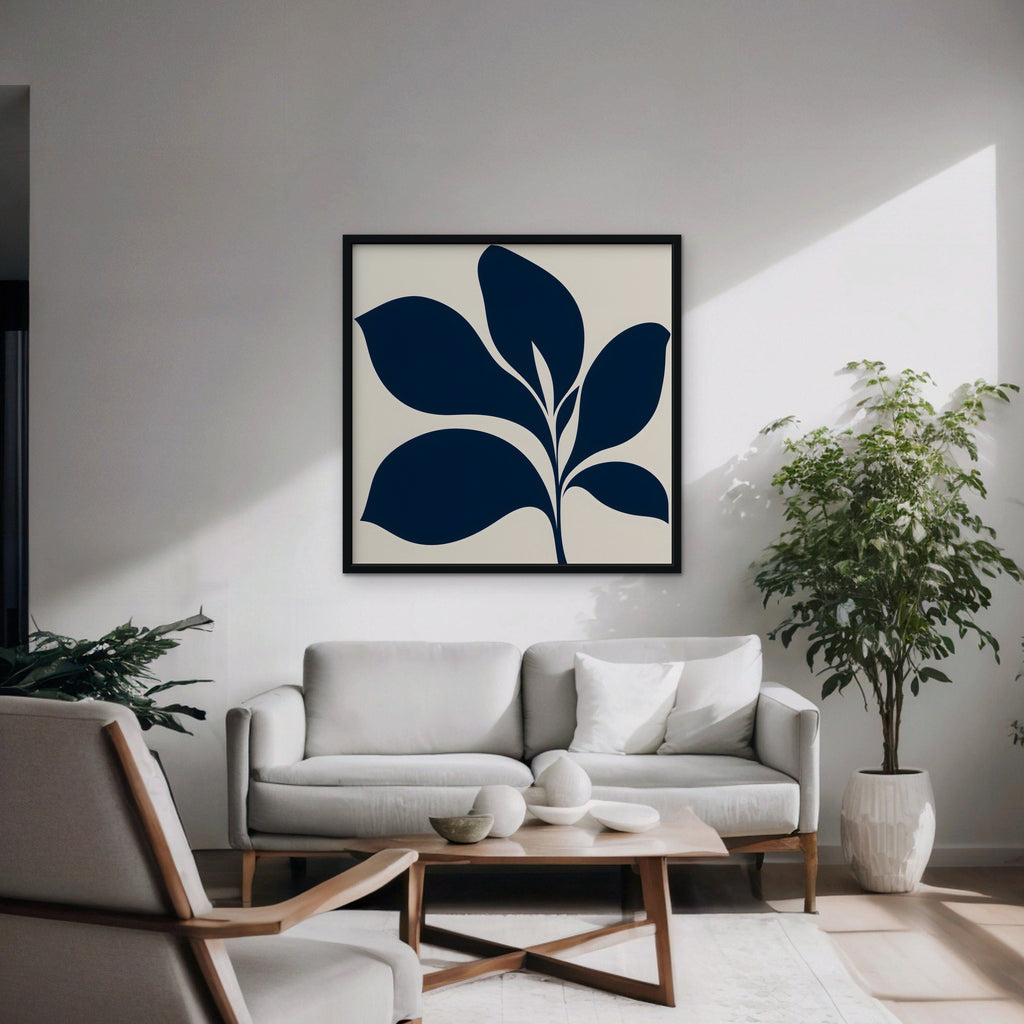 Navy Mid-Century Leaf Canvas Art - Square – Black Floating Frame in room setting