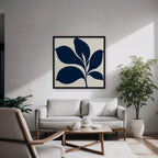 Navy Mid-Century Leaf Canvas Art - Square – Black Floating Frame in room setting