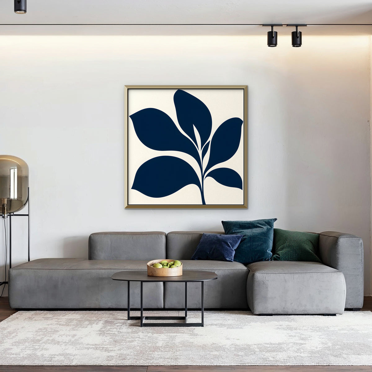 Navy Mid-Century Leaf Canvas Art - Square – Gold Floating Frame in room setting
