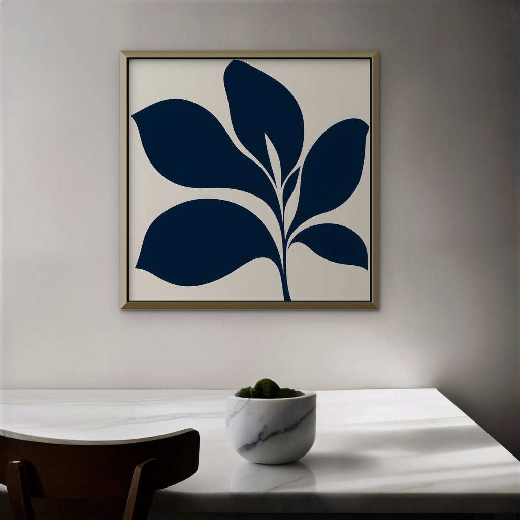 Navy Mid-Century Leaf Canvas Art - Square – Gold Floating Frame in room setting