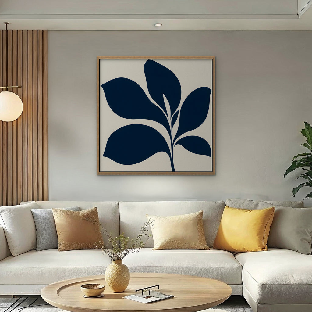 Navy Mid-Century Leaf Canvas Art - Square – Oak Floating Frame in room setting
