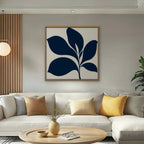 Navy Mid-Century Leaf Canvas Art - Square – Oak Floating Frame in room setting