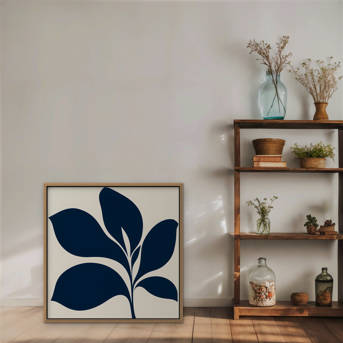 Navy Mid-Century Leaf Canvas Art - Square – Oak Floating Frame in room setting