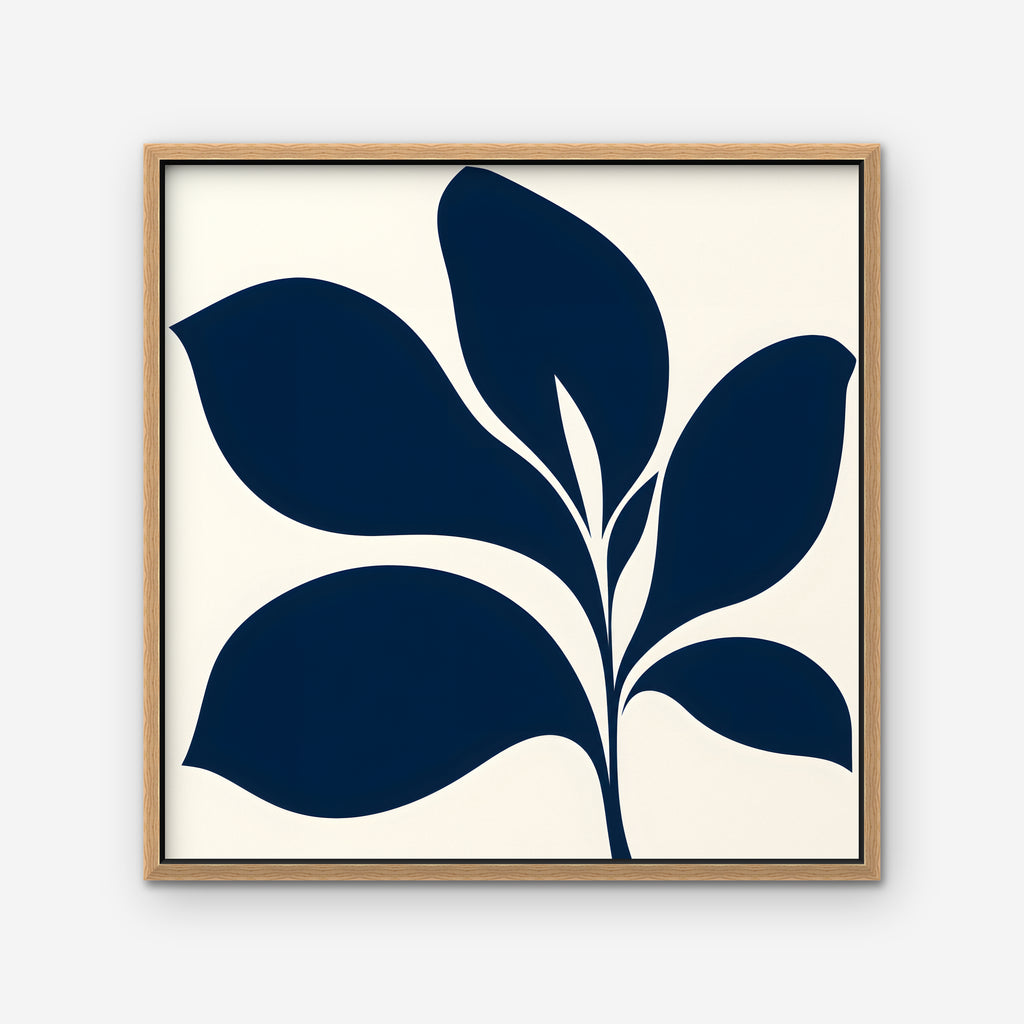 Navy Mid-Century Leaf Canvas Art - Square – Oak Floating Frame on white background