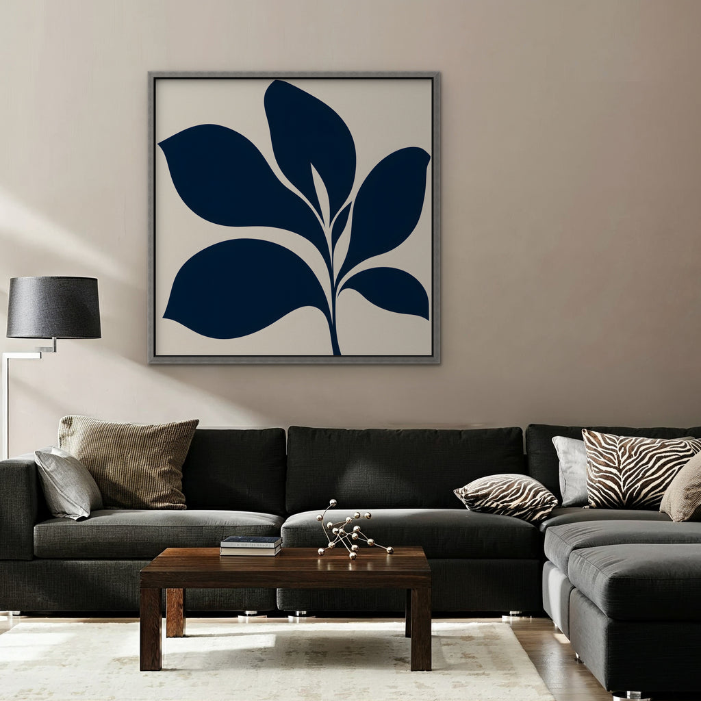 Navy Mid-Century Leaf Canvas Art - Square – Silver Floating Frame in room setting