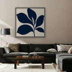 Navy Mid-Century Leaf Canvas Art - Square – Silver Floating Frame in room setting