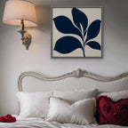 Navy Mid-Century Leaf Canvas Art - Square – Silver Floating Frame in room setting