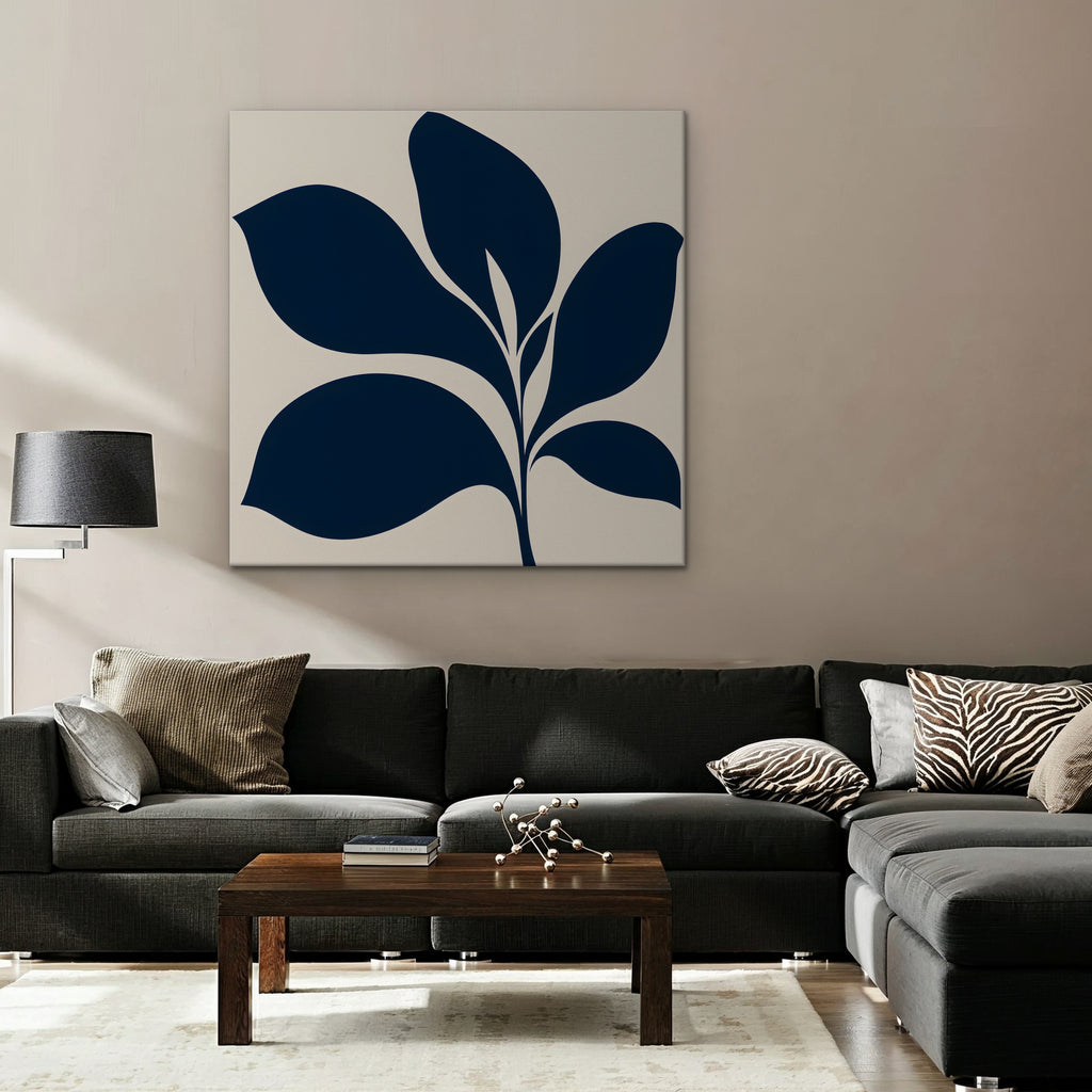 Navy Mid-Century Leaf Canvas Art - Square – Stretched Canvas Only in room setting