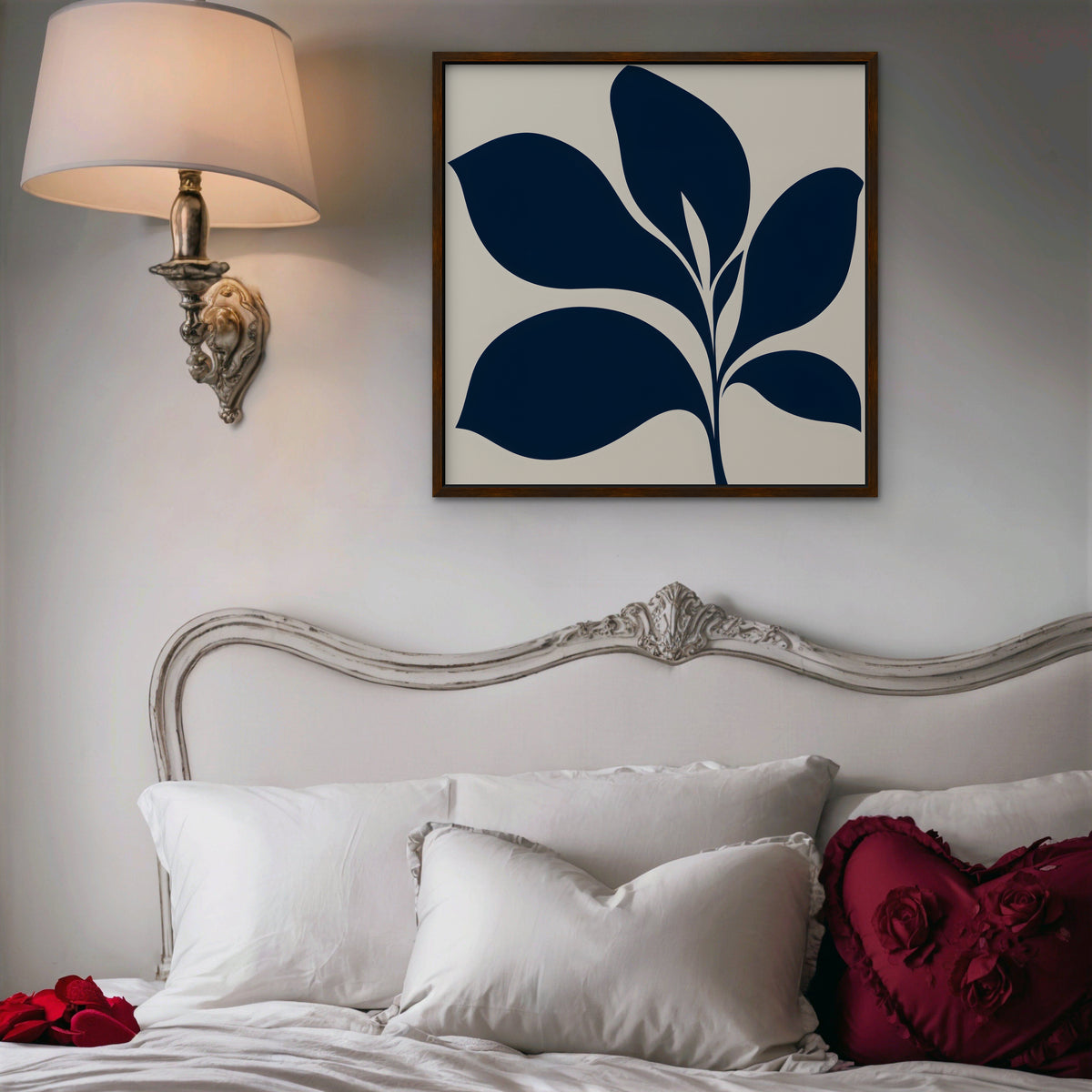 Navy Mid-Century Leaf Canvas Art - Square – Walnut Floating Frame in room setting