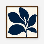 Navy Mid-Century Leaf Canvas Art - Square – Walnut Floating Frame on white background
