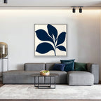Navy Mid-Century Leaf Canvas Art - Square – White Floating Frame in room setting