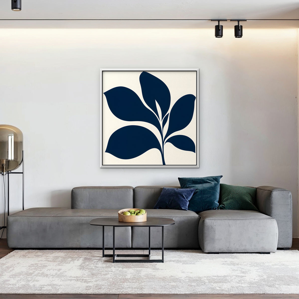 Navy Mid-Century Leaf Canvas Art - Square – White Floating Frame in room setting