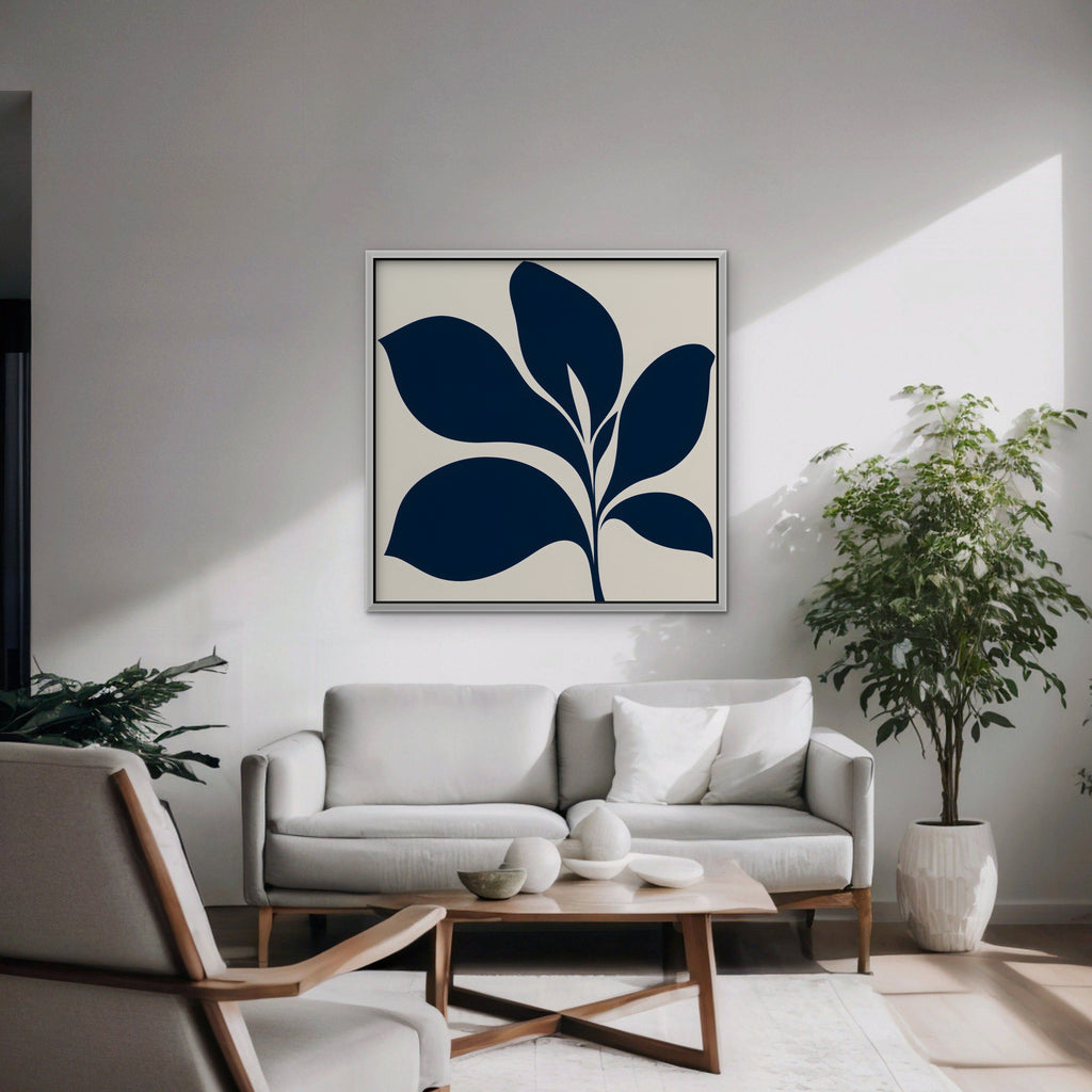Navy Mid-Century Leaf Canvas Art - Square – White Floating Frame in room setting