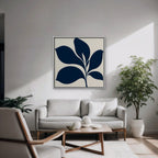 Navy Mid-Century Leaf Canvas Art - Square – White Floating Frame in room setting