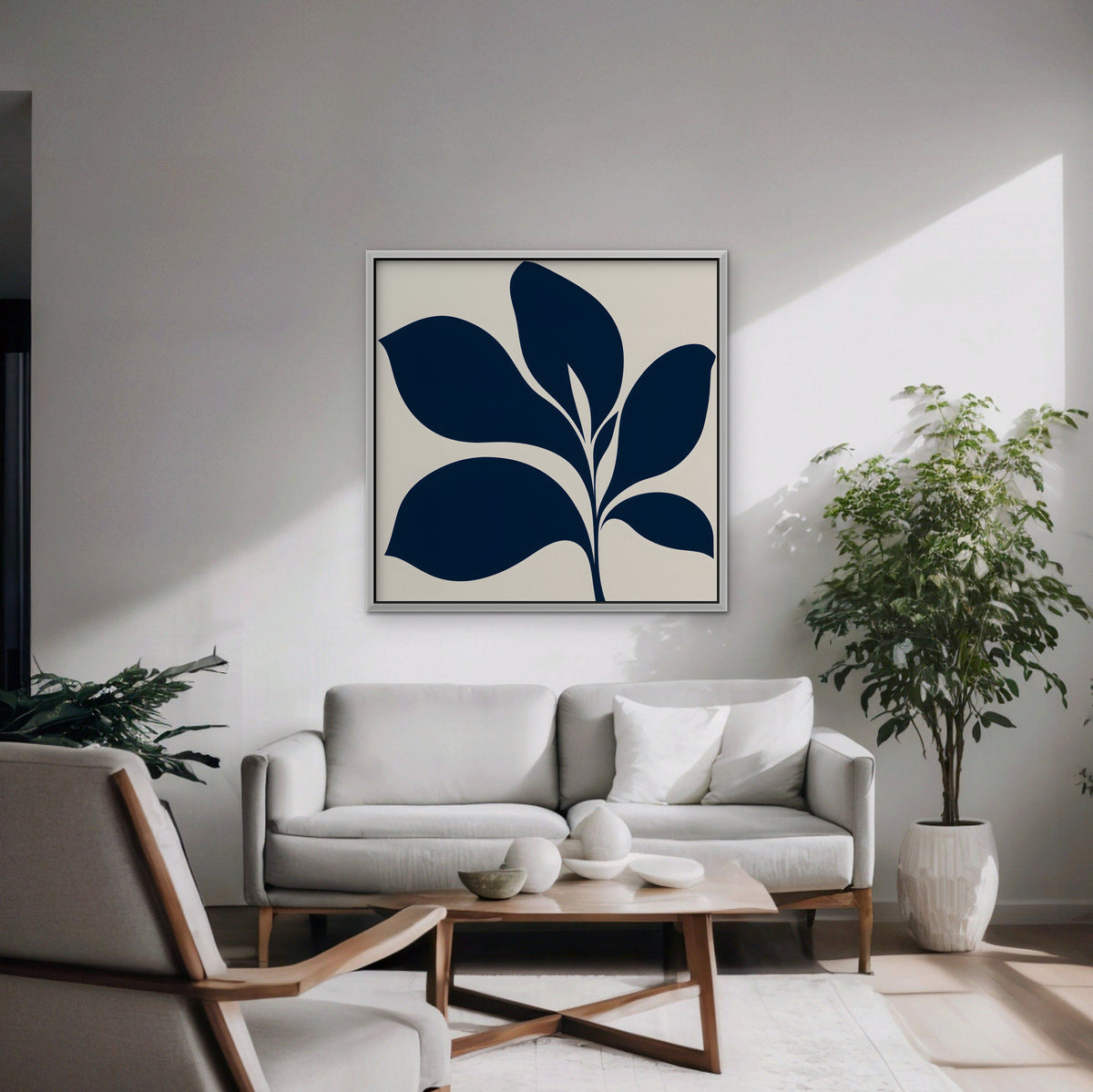 Navy Mid-Century Leaf Canvas Art - Square – White Floating Frame in room setting