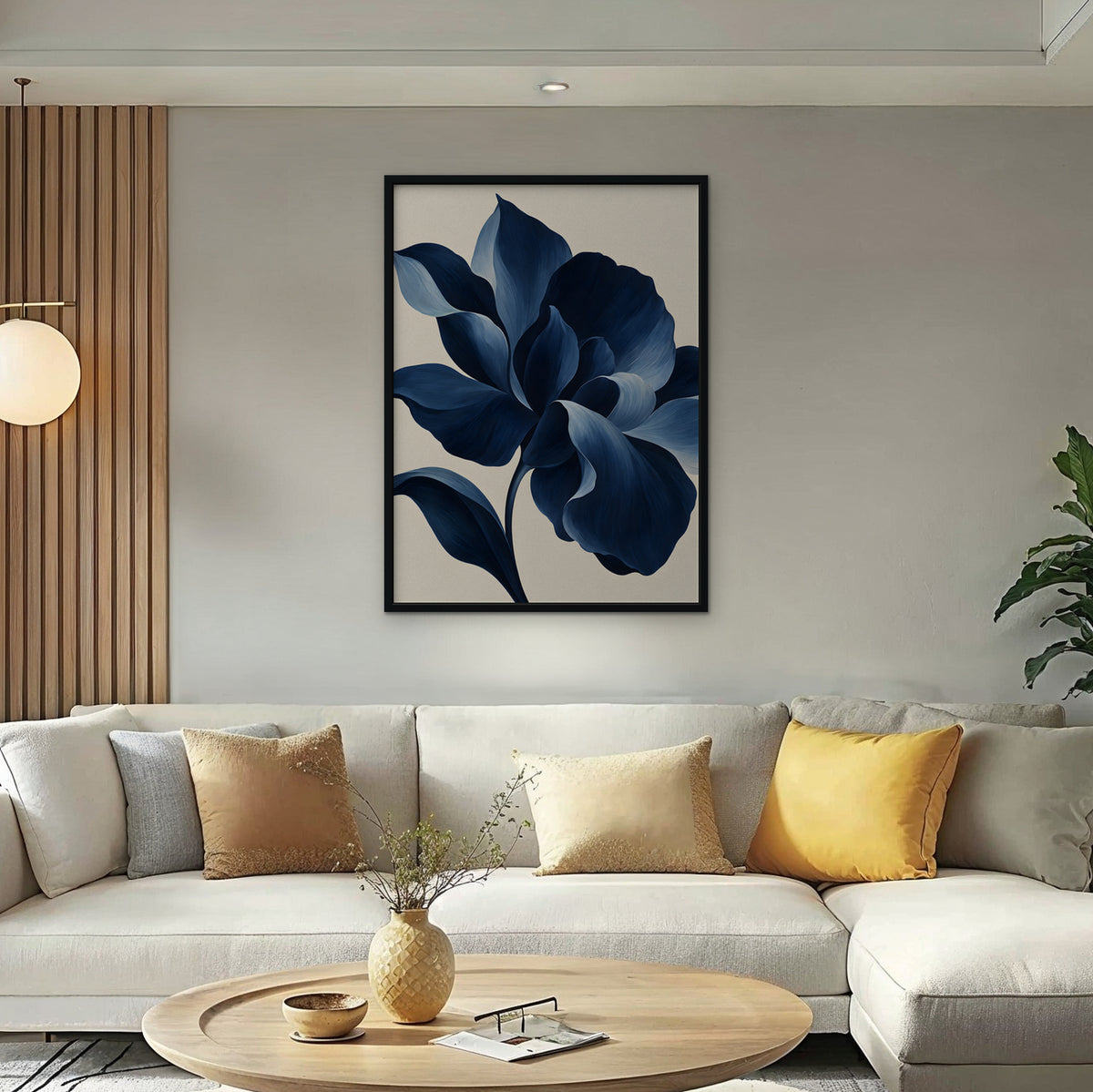 Navy Peony Canvas Art - Vertical – Black Floating Frame in room setting